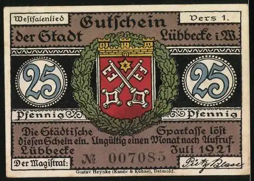 Notgeld Lübbecke, 1921, 25 Pfennig, Westfalenlied, Fachwerkhaus und Wappen, Nr. 007083