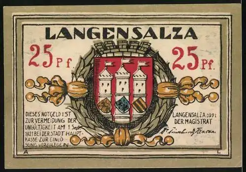 Notgeld Langensalza 1921, 25 Pfennig, Schwefelbad und Wappen der Stadt