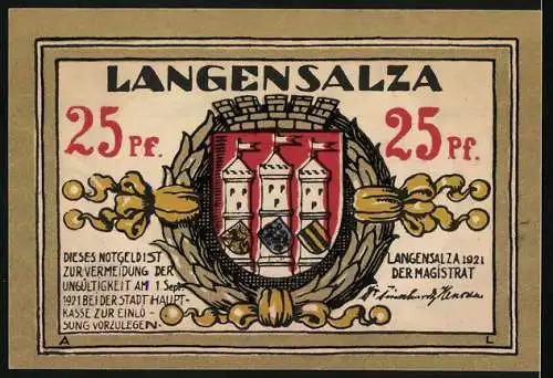 Notgeld Langensalza, 1921, 25 Pf, Storchennest und Stadtwappen