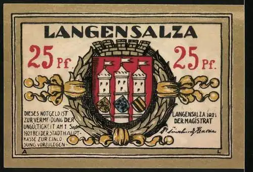 Notgeld Langensalza, 1921, 25 Pf, Barfüsser Abtei und Stadtwappen