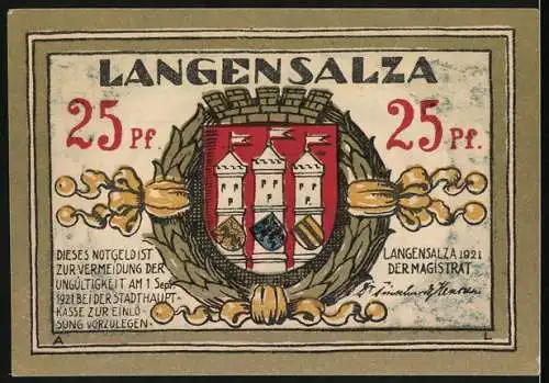 Notgeld Langensalza 1921, 25 Pf, Rathaus und Stadtwappen in dekorativem Rahmen