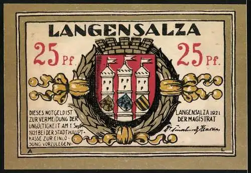 Notgeld Langensalza, 1921, 25 Pfennig, Rathaus und Stadtwappen, zur Vermeidung der Ungültigkeit ab 1. Sept. 1921