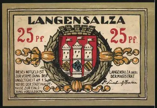 Notgeld Langensalza, 1921, 25 Pfennig, St. Bonifacii Kirche und Stadtwappen