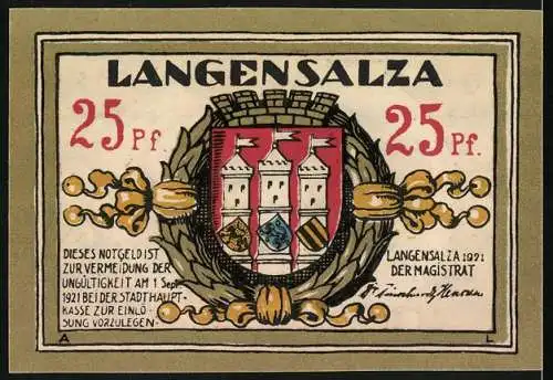 Notgeld Langensalza, 1921, 25 Pf, Schwefelbad und Stadtwappen