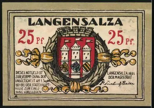 Notgeld Langensalza, 1921, 25 Pfennig, Gebäude und Wappen mit Türmen und Wappen integriert in dekorativen Rahmen