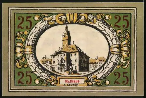 Notgeld Langensalza 1921, 25 Pf, Stadtwappen und Rathaus