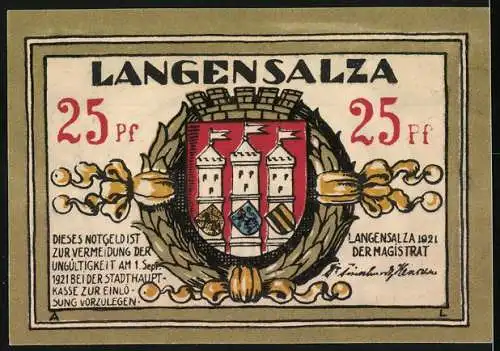 Notgeld Langensalza, 1921, 25 Pf, Stadtansicht und Stadtwappen mit Inschrift