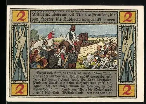 Notgeld Lübbecke 1921, 2 Mark, mit Turm und historischen Szenen, Vers 4