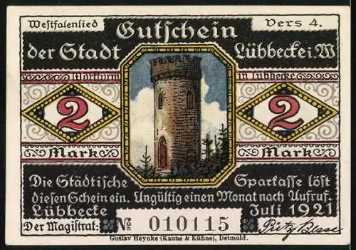 Notgeld Lübbecke 1921, 2 Mark, mit Turm und historischen Szenen, Vers 4