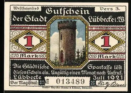 Notgeld Lübbecke, 1921, 1 Mark, Stadtgutschein mit Turmmotiv und Sprichwort über Westfalenland