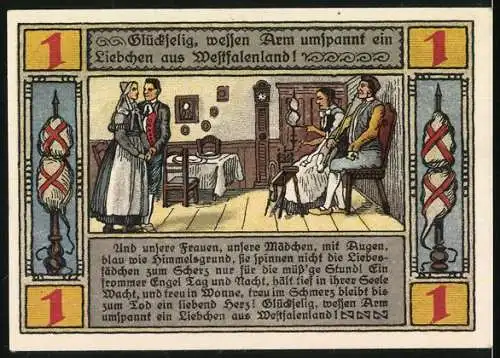 Notgeld Lübbecke, 1921, 1 Mark, Stadtgutschein mit Turmmotiv und Sprichwort über Westfalenland