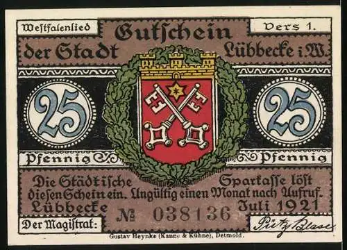 Notgeld Lübbecke, 1921, 25 Pfennig, Fachwerkhaus und Wappen mit Schlüsseln