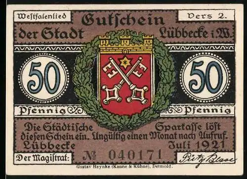 Notgeld Lübbecke 1921, 50 Pfennig, Vorderseite Stadtwappen, Rückseite Männer in Westfalenland