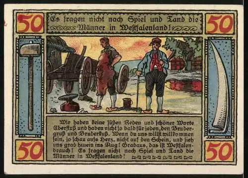 Notgeld Lübbecke 1921, 50 Pfennig, Vorderseite Stadtwappen, Rückseite Männer in Westfalenland