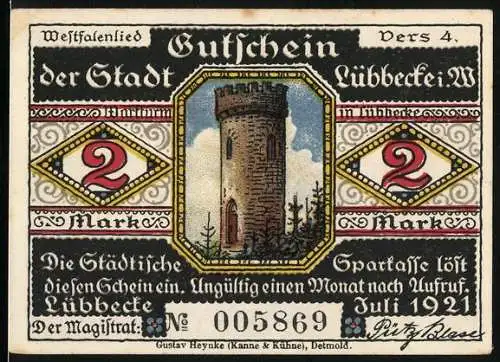 Notgeld Lübbecke, 1921, 2 Mark, Gutschein der Stadt mit Turmmotiv und historischem Rückseitendruck