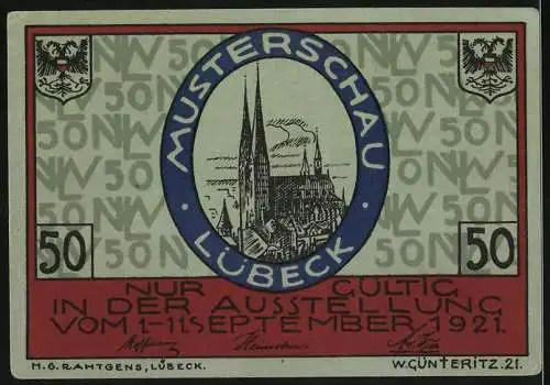 Notgeld Lübeck 1921, 50 Pfennig, Musterschau Nordische Woche, beidseitig bedruckt mit Stadtwappen und Kirche