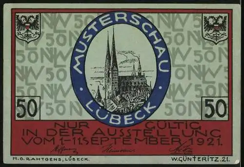 Notgeld Lübeck 1921, 50 Pfennig, Musterschau Lübeck mit Löwenwappen und Stadtsilhouette