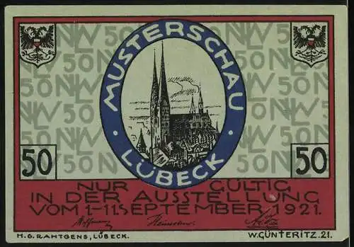 Notgeld Lübeck, 1921, 50 Pfennig, Nordische Woche Musterschau Lübeck, Ausstellung 1.-11. September 1921