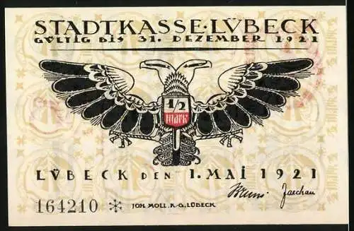 Notgeld Lübeck 1921, 50 Pf, gotische Schrift und Siegel mit Adler-Motiv