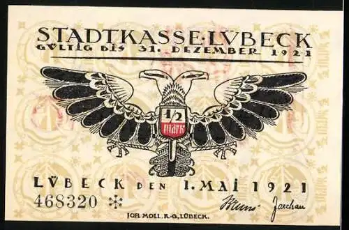 Notgeld Lübeck, 1921, 50 Pfennig, Stadtwappen und Text in Frakturschrift, Adler