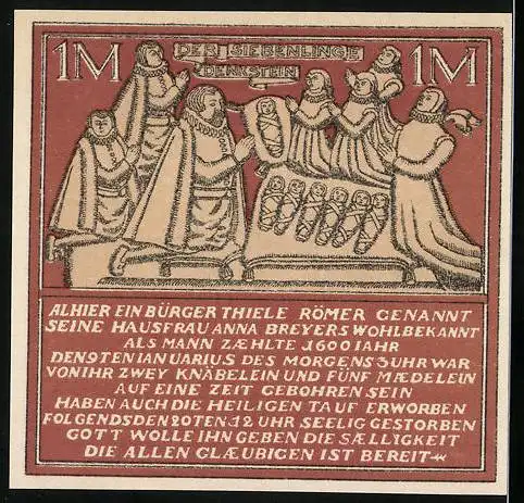 Notgeld Hameln, 1921, eine Mark, Darstellung von Bürger Thiele Römer, der siebenlinge beisteht