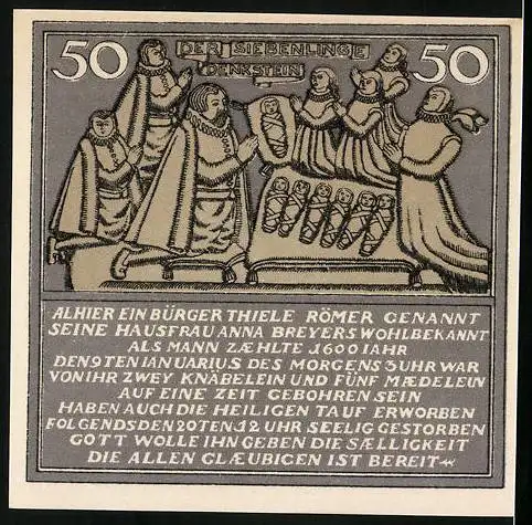 Notgeld Hameln, 1921, 50 Pfennig, Gültigkeit einen Monat nach Kündigung, Rückseite mit Der Siebenlinge von 1600