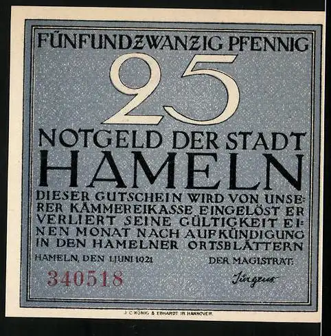 Notgeld Hameln, 1921, 25 Pfennig, Siebenlinge von Knöster, Text auf Vorder- und Rückseite