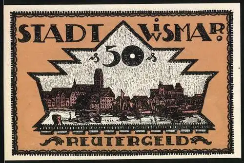 Notgeld Wismar, 1921, 50 Pfennig, Stadtansicht und Reutergeld-Design