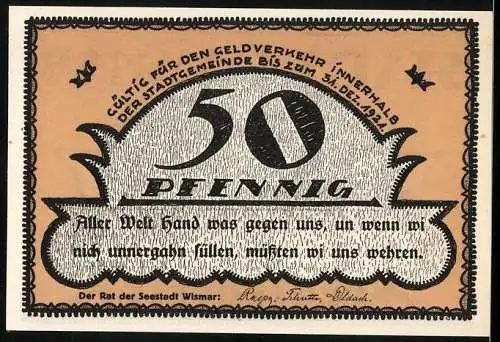 Notgeld Wismar, 1921, 50 Pfennig, Stadtansicht und Reutergeld-Design