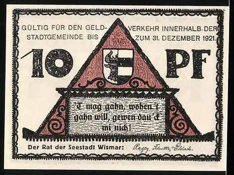 Notgeld Wismar, 1921, 10 Pf, Reutergeld mit Kirchenabbildung und Stadtwappen