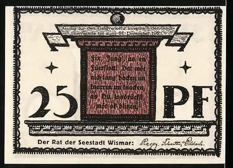 Notgeld Wismar, 1921, 25 Pf, Reutergeld mit Stadtansicht und Text auf Rückseite