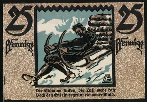 Notgeld Hirschberg, 1920, 25 Pfennig, Mann mit Holzschlitten und Textpassage