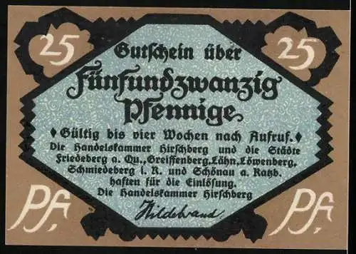 Notgeld Hirschberg, 1920, 25 Pfennig, Mann mit Holzschlitten und Textpassage