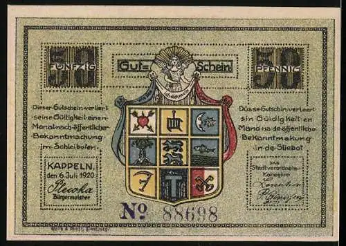 Notgeld Kappeln, 1920, 50 Pfennig, Fischer mit Netz und Stadtwappen, Nummer 86198