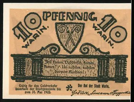 Notgeld Warin, 1922, 10 Pfennig, Gebäude und Wappen, gültig bis 31. Mai 1922