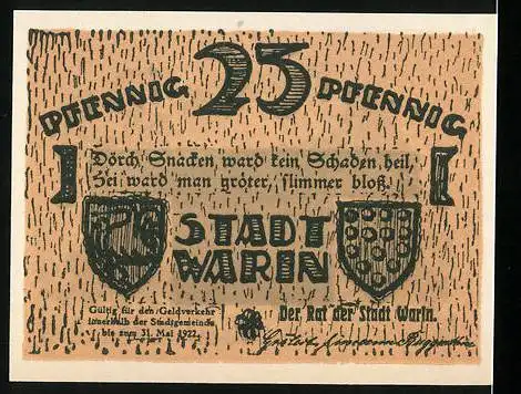 Notgeld Warin, 1921, 25 Pfennig, Reutergeld mit historischer Abbildung und Stadtwappen