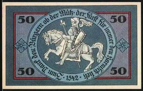 Notgeld Torgau 1921, 50 Pfennig, Ritter auf Pferd und Stadtansicht mit Burg