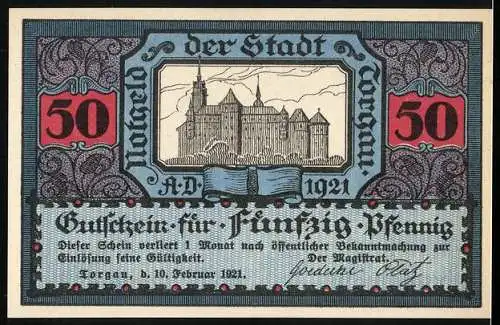 Notgeld Torgau 1921, 50 Pfennig, Ritter auf Pferd und Stadtansicht mit Burg