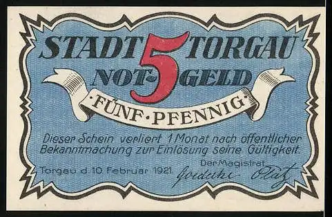 Notgeld Torgau 1921, 5 Pfennig, Stadt Torgau Notgeld mit historischem Krieger im Zentrum