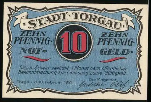 Notgeld Torgau, 1921, 10 Pfennig, Stadt Torgau, Soldat mit Hellebarde und Stadtwappen