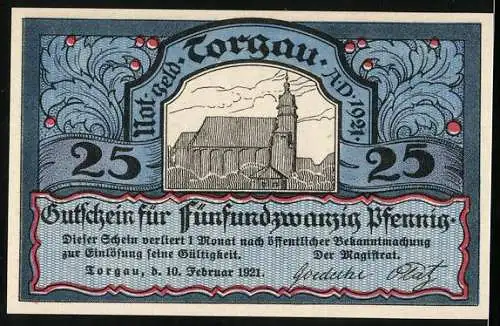 Notgeld Torgau, 1921, 25 Pfennig, Ritter in Rüstung und Kirche im Hintergrund