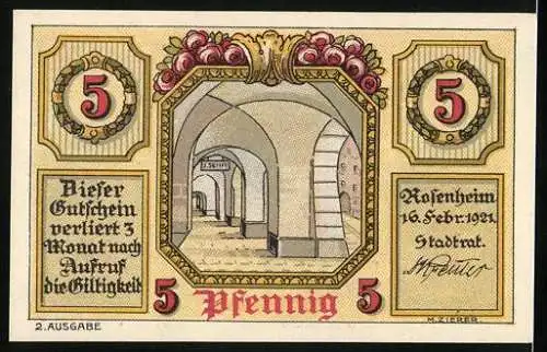 Notgeld Rosenheim 1921, 5 Pfennig, Stadtwappen und Arkaden