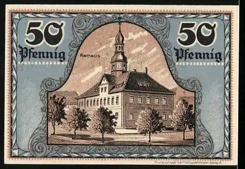 Notgeld Ronneburg 1921, 50 Pfennig, Gutschein mit Stadtwappen und Rathaus