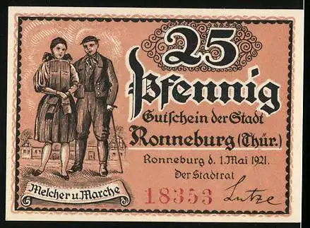 Notgeld Ronneburg 1921, 25 Pfennig, Schloss Ronneburg und Stadtansicht mit Paar in Tracht