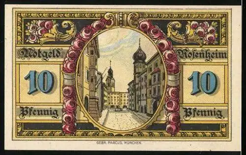 Notgeld Rosenheim 1921, 10 Pfennig, 2. Ausgabe, Stadtwappen und Stadtansicht