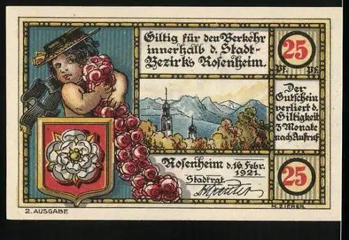 Notgeld Rosenheim, 1921, 25 Pfennig, Stadtansicht mit Wappen und Kind mit Rosen