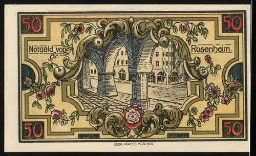 Notgeld Rosenheim, 1921, 50 Pfennig, Stadtansicht mit Heiligem und Torbögen, 2. Ausgabe