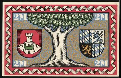 Notgeld Pasing 1918, 2 Mark, Stadtratsbeschluss mit Baum und Wappen, Nr. 09906
