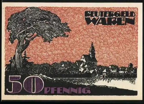 Notgeld Waren, 1921, 50 Pfennig, Stadtansicht und Mann mit Koffer und Fisch