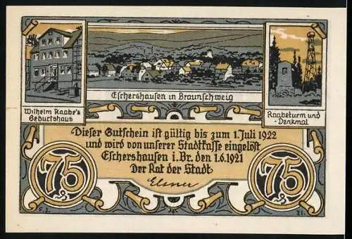 Notgeld Eschershausen, 1921, 75 Pfennig, Kriegerdenkmal in Eschershausen und Wilhelm Raabes Geburtshaus